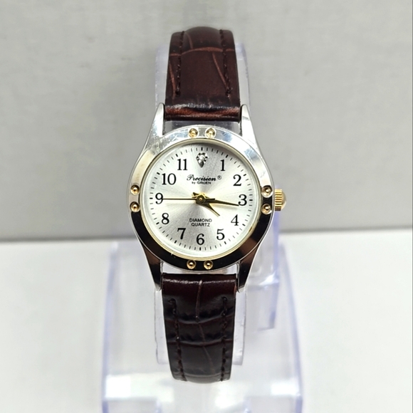 Womens Precision By Gruen Diamond Watch Gold Silver Two Tone Leather New Battery - Picture 1 of 11
